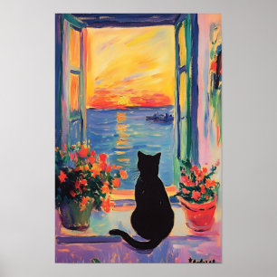 Lustige schwarze Katze genießt den Sonnenuntergang Poster