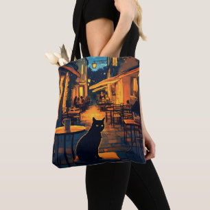 Lustige schwarze Katze im Restaurant Tasche
