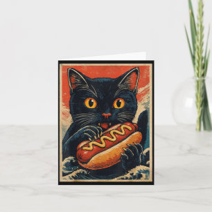 Lustige schwarze Katze isst Hot Dog Retro-Japanisc Karte