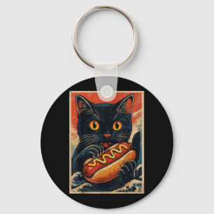 Lustige schwarze Katze isst Hot Dog Retro-Japanisc Schlüsselanhänger