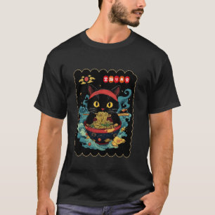 Lustige schwarze Katze isst Nudeln japanische Nude T-Shirt