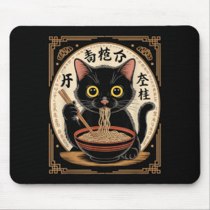 Lustige schwarze Katze isst Ramen-Nudeln japanisch Mousepad