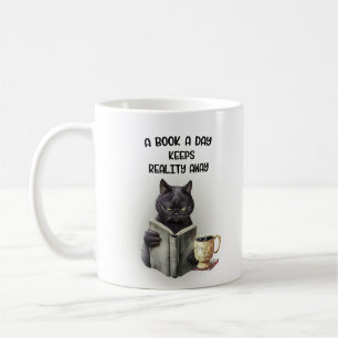 Lustige schwarze Katze Kaffee Buch Tag hält die Re Kaffeetasse