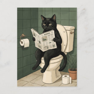 Lustige schwarze Katze liest Zeitung im Badezimmer Postkarte