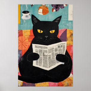 Lustige schwarze Katze liest Zeitung Poster