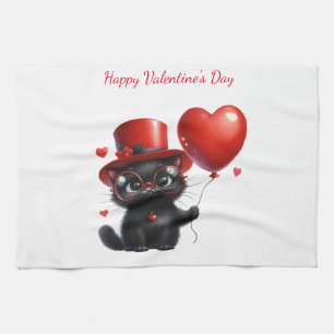 Lustige schwarze Katze mit Ballons Valentinstag Geschirrtuch