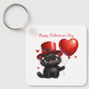 Lustige schwarze Katze mit Ballons Valentinstag Schlüsselanhänger