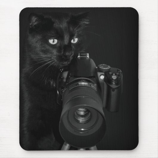 Lustige schwarze Katze mit der Kamera Mousepad (Vorne)