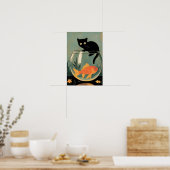 Lustige schwarze Katze mit Fisch Poster (Küche)