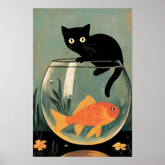 Lustige schwarze Katze mit Fisch Poster (Vorne)