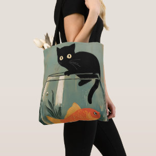 Lustige schwarze Katze mit Fisch Tasche