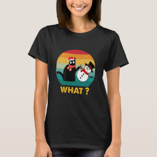 Lustige schwarze Katze schiebt Schneemann Retro Vi T-Shirt