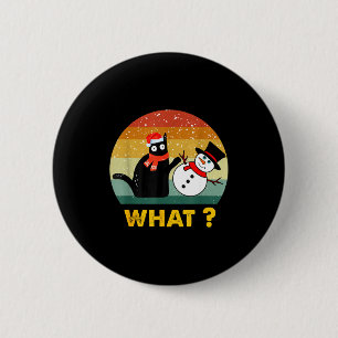 Lustige schwarze Katze schiebt Schneemann Weihnach Button