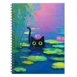 Lustige schwarze Katze schwimmt im Teich   Skurril Notizblock