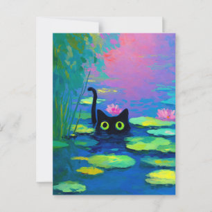 Lustige schwarze Katze schwimmt im Teich   Skurril Postkarte