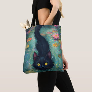 Lustige schwarze Katze schwimmt  Tasche