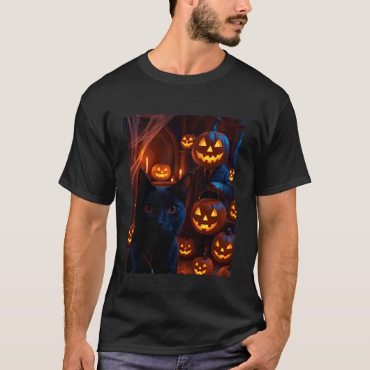 Lustige schwarze Katze Selfie mit Jack O Lantern K T-Shirt (Vorderseite)