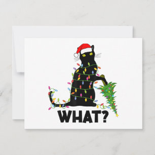 Lustige schwarze Katze stößt Weihnachtsbaum um Kat Feiertagskarte