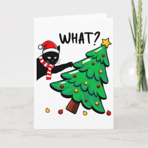 Lustige schwarze Katze stößt Weihnachtsbaum um Kat Karte