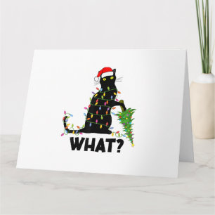 Lustige schwarze Katze stößt Weihnachtsbaum um Kat Karte