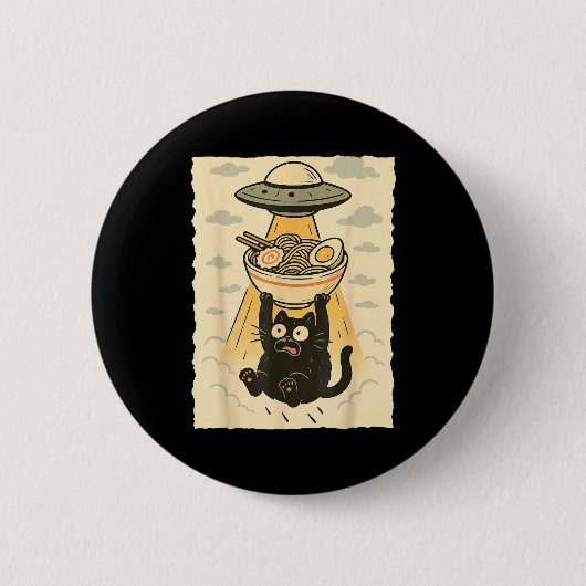 Lustige schwarze Katze Ufo Ramen Alien-Entführung Button (Vorderseite)