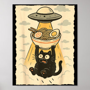Lustige schwarze Katze Ufo Ramen Alien-Entführung Poster