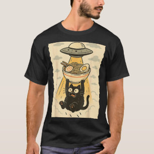 Lustige schwarze Katze Ufo Ramen Alien Entführung T-Shirt