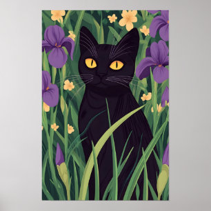 Lustige schwarze Katze und schöne Blume  Poster