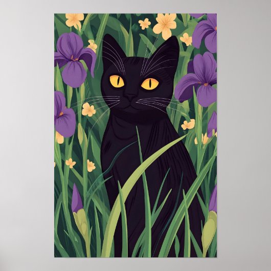 Lustige schwarze Katze und schöne Blume Poster (Vorne)