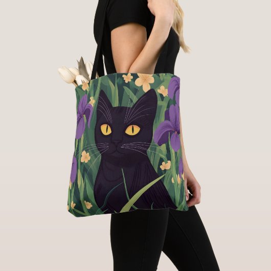 Lustige schwarze Katze und schöne Blume Tasche (Von Nahem)