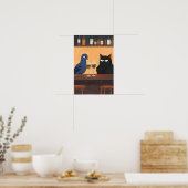 Lustige schwarze Katze und Vogel Poster (Küche)