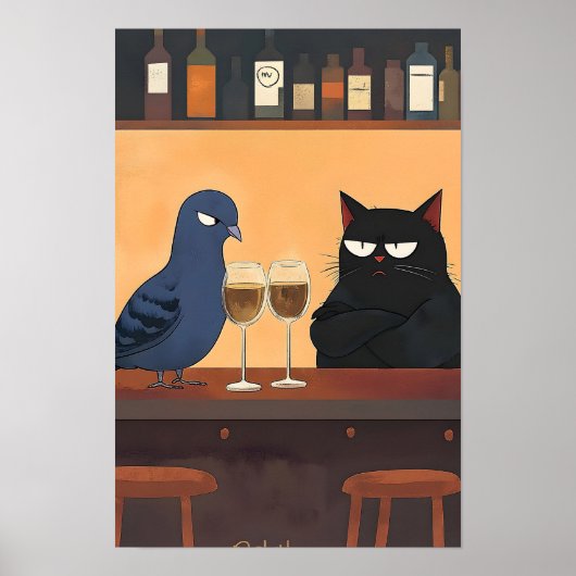 Lustige schwarze Katze und Vogel Poster (Vorne)