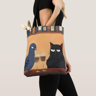 Lustige schwarze Katze und Vogel Tasche