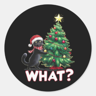 Lustige schwarze Katze Was Xmas Weihnachtsbaum Runder Aufkleber