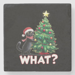 Lustige schwarze Katze Was Xmas Weihnachtsbaum Steinuntersetzer