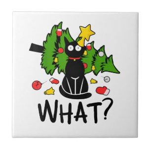 Lustige schwarze Katze Weihnachtsbaum Frohe Santa Fliese