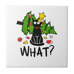 Lustige schwarze Katze Weihnachtsbaum Frohe Santa Fliese