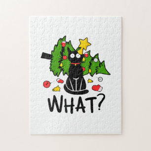Lustige schwarze Katze Weihnachtsbaum Frohe Santa Puzzle