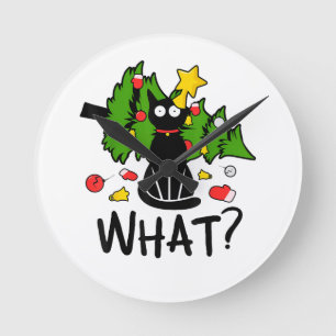 Lustige schwarze Katze Weihnachtsbaum Frohe Santa  Runde Wanduhr