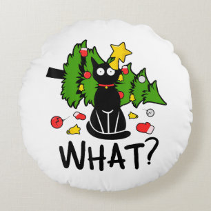 Lustige schwarze Katze Weihnachtsbaum Frohe Santa Rundes Kissen