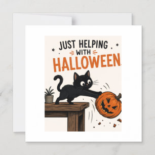 Lustige schwarze Katze wirft Halloween-Kürbis um Magneteinladung