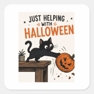 Lustige schwarze Katze wirft Kürbis Halloween um Quadratischer Aufkleber