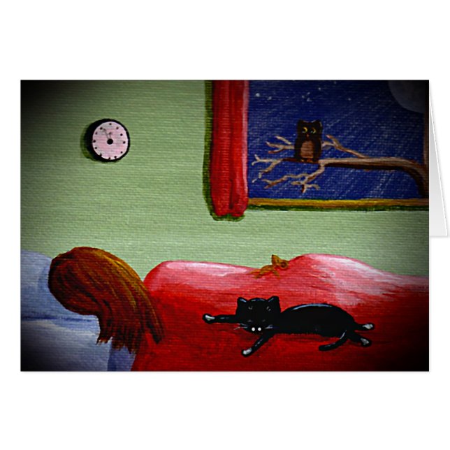 Lustige schwarze Katzen-Mädchen-Eulen-Karte (Vorderseite (Horizontal))