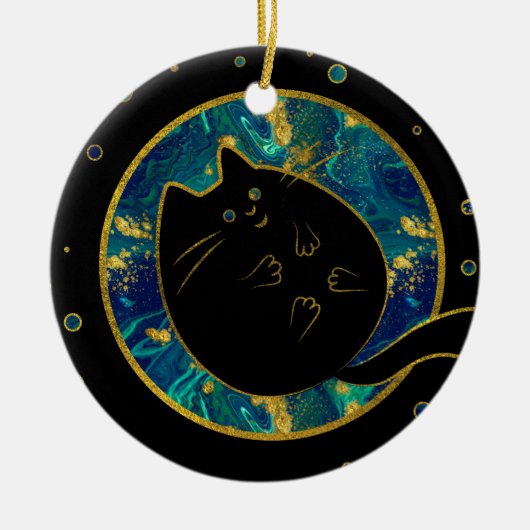 Lustige schwarze mollige Katze Keramik Ornament (Vorne)
