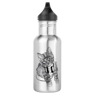 Lustige schwarze u. weiße Katze in der Edelstahlflasche