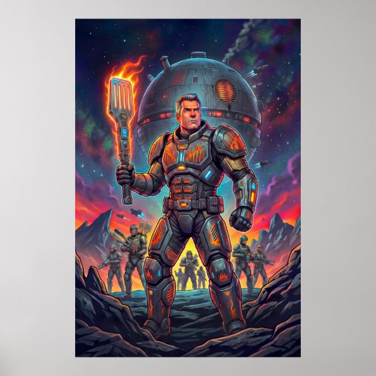 Lustige Sci-Fi-Comic Alien-Grillmeister Pop-Art Poster (Vorne)
