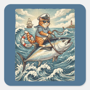 Lustige Seemannkatze reitet auf Thunfisch Vintage Quadratischer Aufkleber