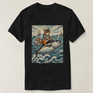 Lustige Seglerkatze Reitet Thunfisch Vintage T-Shirt