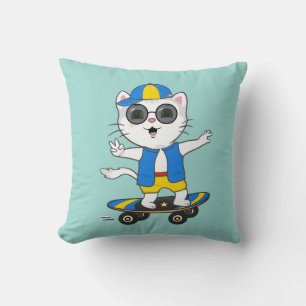 Lustige Skater-Katze in blauem und gelbem T-Shirt Kissen