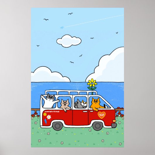 Lustige Sommerstimmung Katzen Retro Surf Van Poster (Vorne)